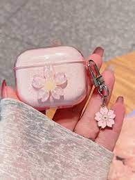 Shein Summer 1pc Pink Glitter Cherry Blossom Pendant Earphone Case C...